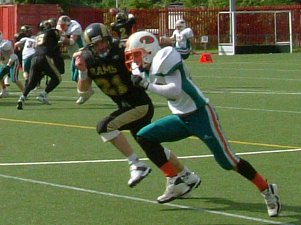 While Gary Marshall gets the punt away, Ed Morgan and Rams Tim Adams race away